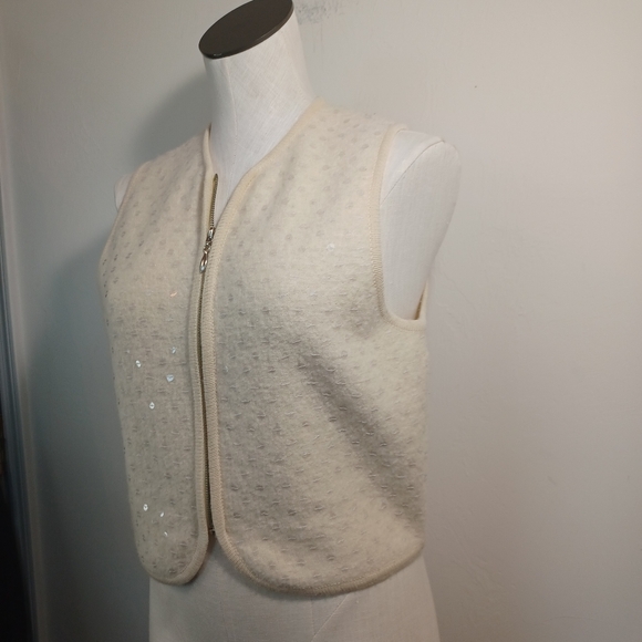 ICE Sweater Vest Ivory 100% Wool Sequin Full Zip Womens Medium - Picture 6 of 11